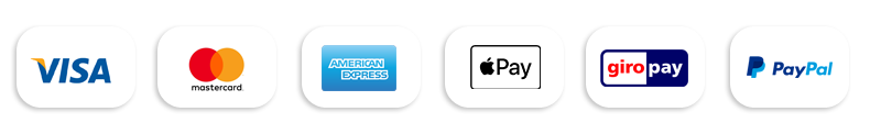 verfügbare zahlungsmittel sind visa, kreditkarte, paypal, apple pay, giro pay und american express