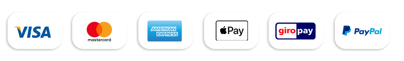 verfügbare zahlungsmittel sind visa, kreditkarte, paypal, apple pay, giro pay und american express